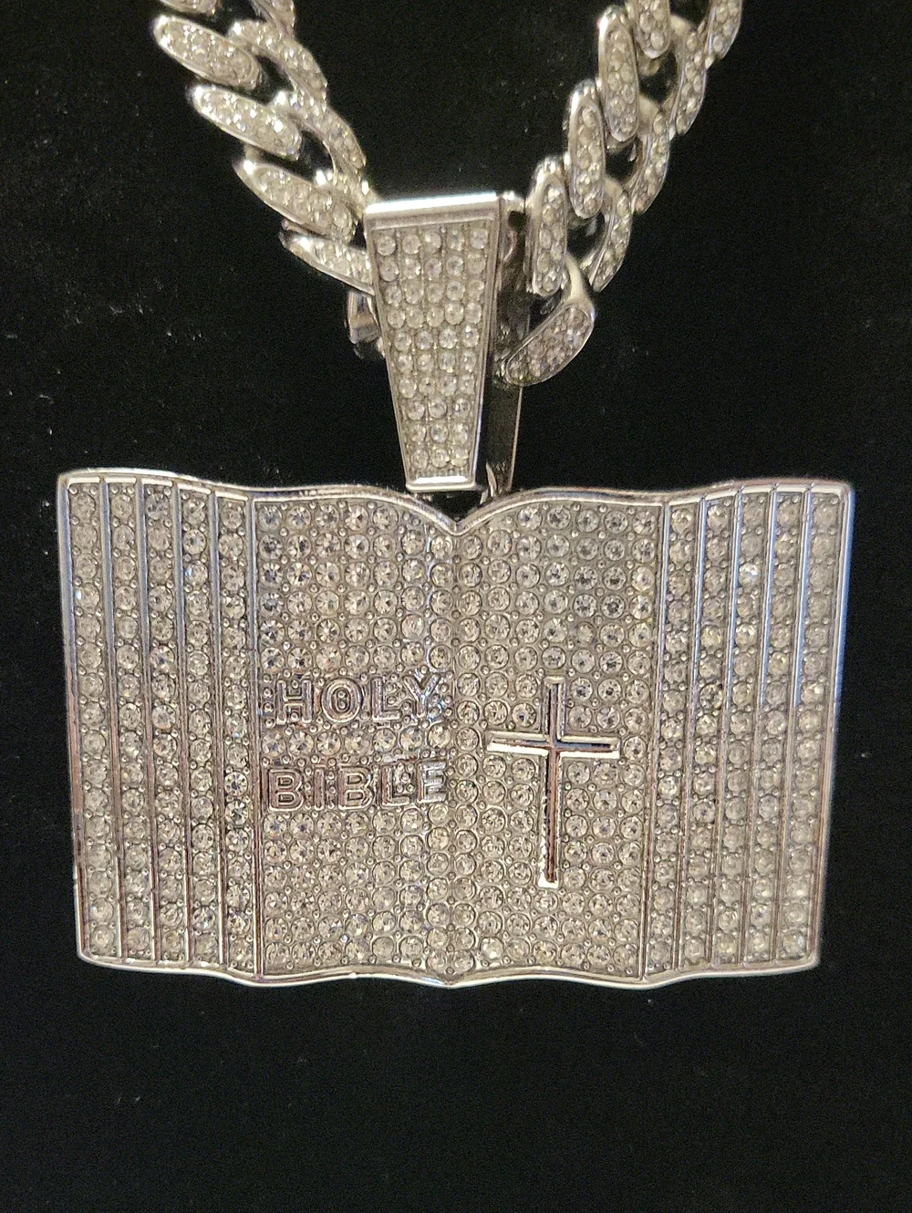 Silver Men's Cuban Chain Necklace with Bible Pendant. 20 in